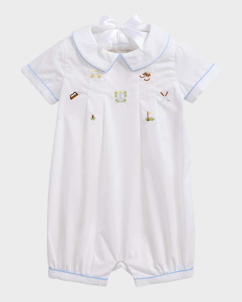 Boy's Embroidered Broadcloth Pleated One-Piece Shortalls, Size 9M-